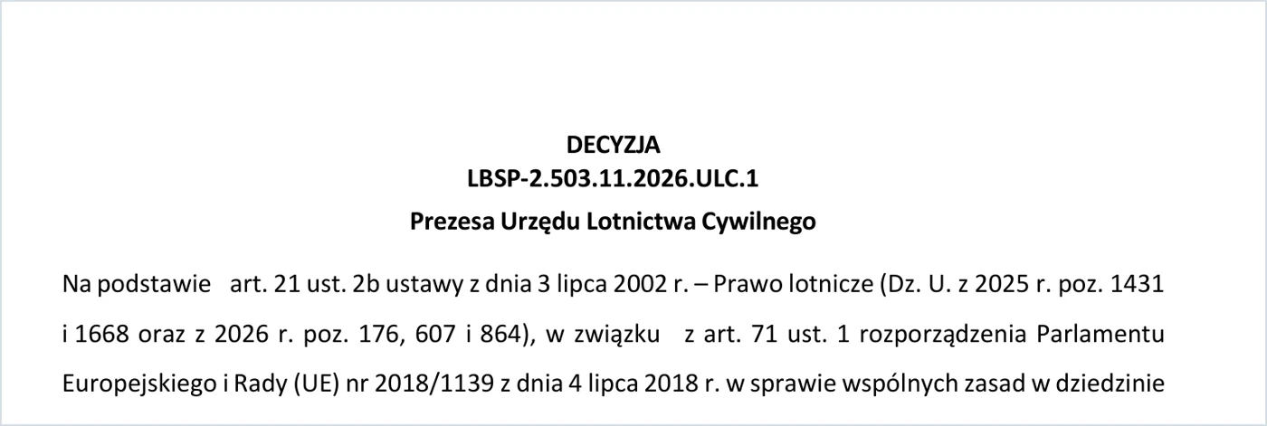 Nagłówek decyzji Prezesa Urzędu Lotnictwa Cywilnego nr LBSP-2.503.11.2026.ULC.1 z 23 lipca 2026 roku