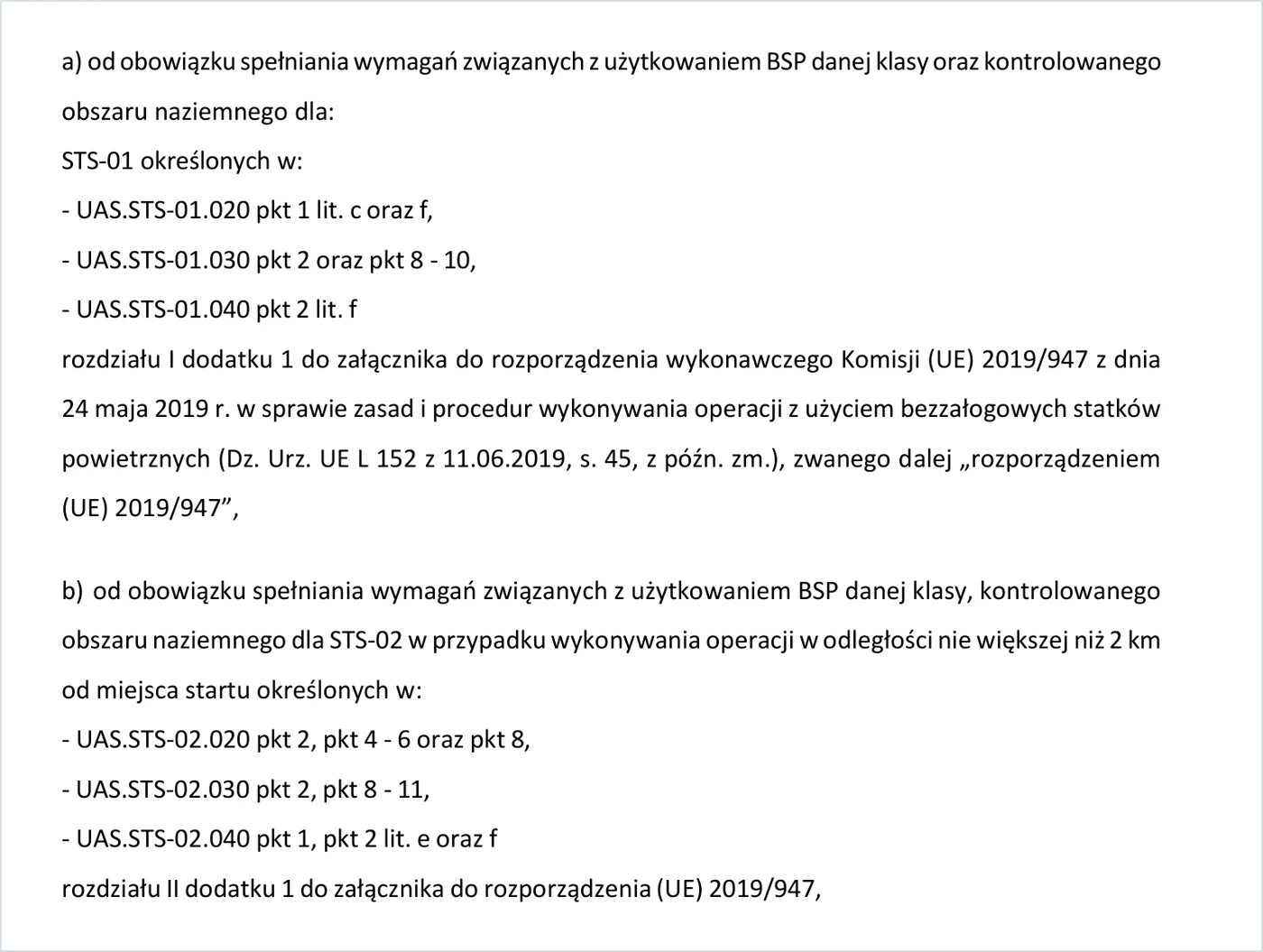 Fragment decyzji ULC z listą zwolnionych punktów UAS.STS-01 i UAS.STS-02 rozporządzenia 2019/947
