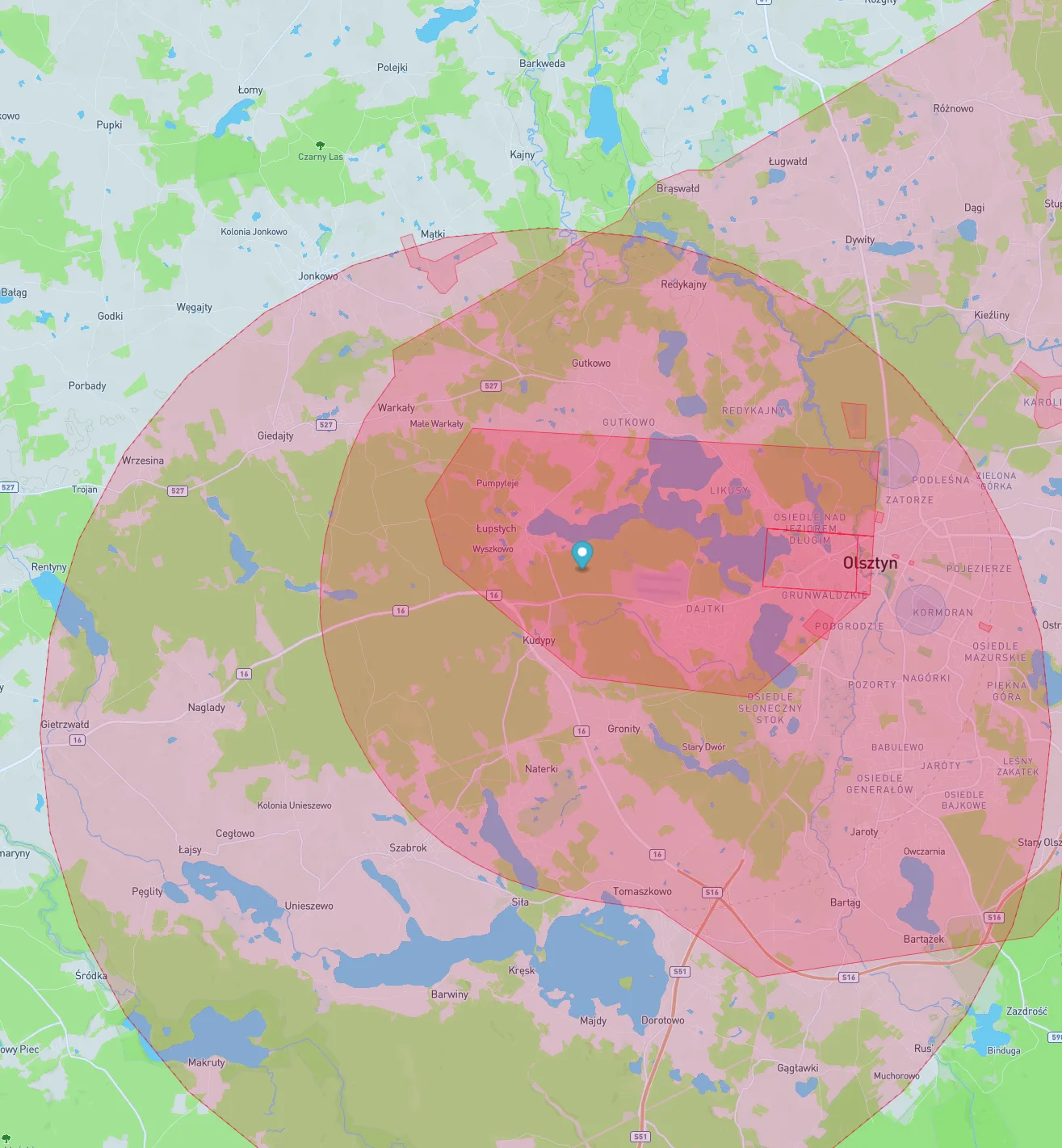 Mapa stref geograficznych w rejonie Olsztyna-Dajtek: nakładające się okręgi stref ATZ EPOD, DTM Olsztyn i DTM ATZ Olsztyn