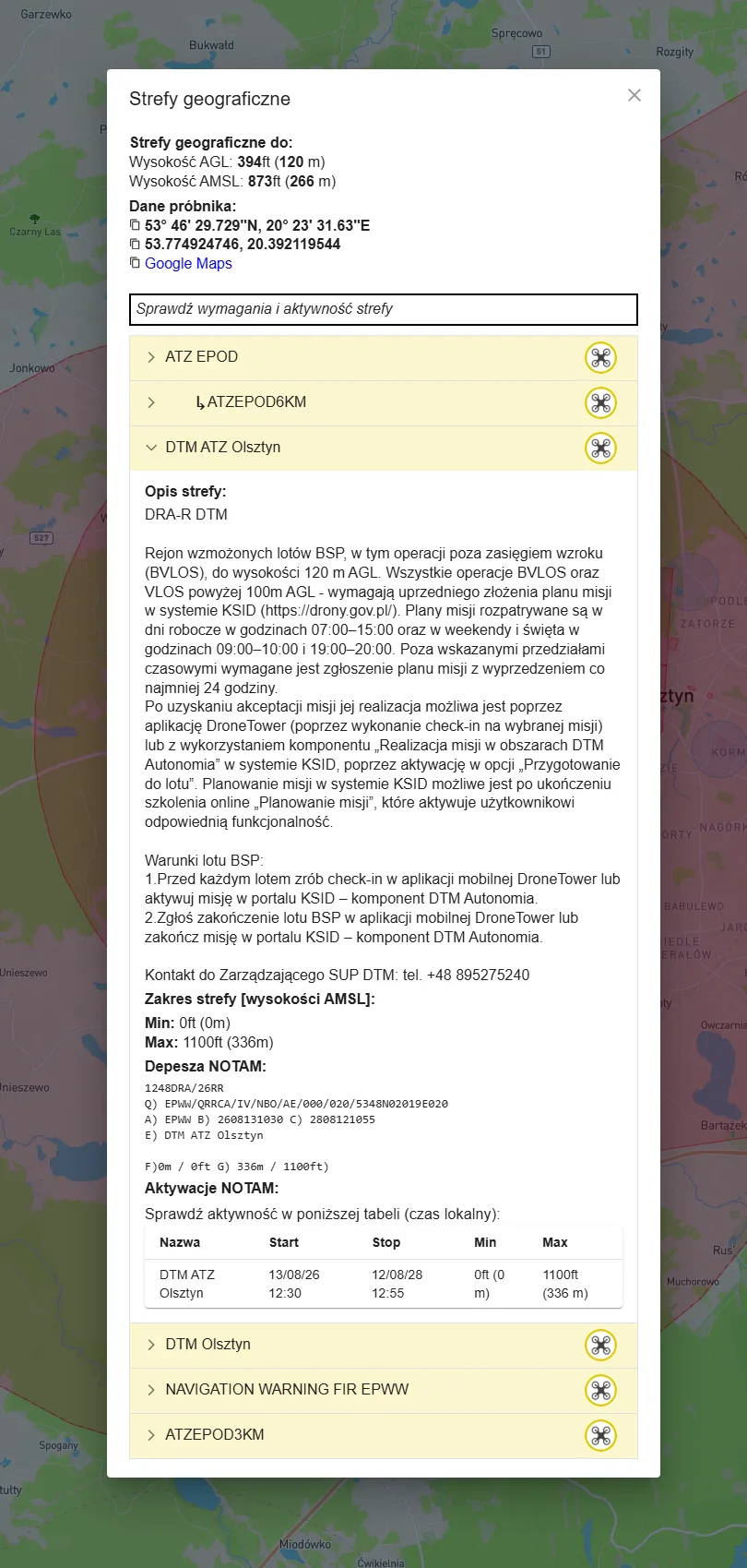 Opis strefy DTM ATZ Olsztyn z godzinami rozpatrywania planów misji i depeszą NOTAM