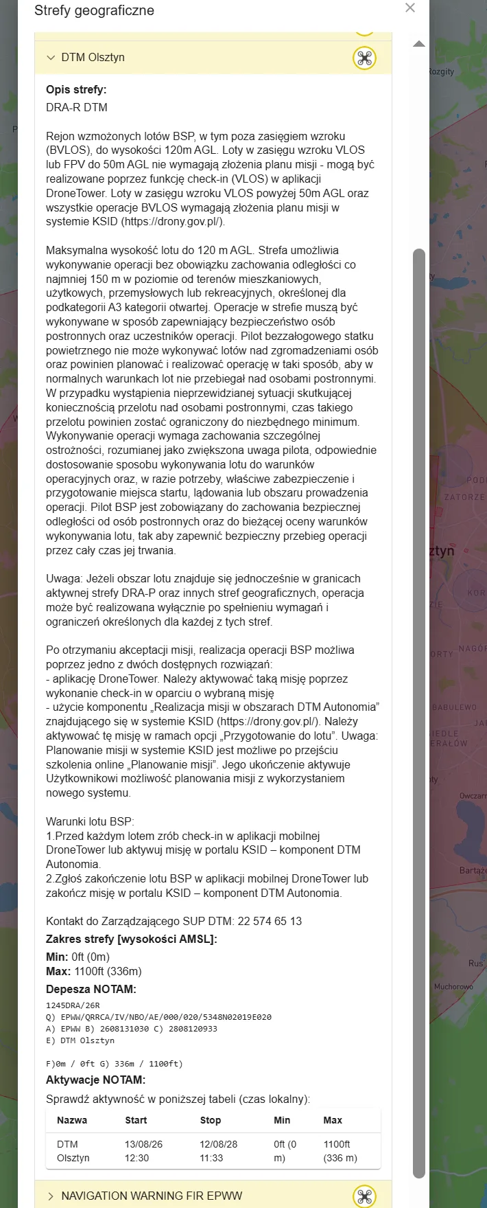 Opis strefy DTM Olsztyn w DroneMap z zapisem o zniesieniu obowiązku 150 m od zabudowy dla podkategorii A3