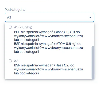 Rozwinięta lista podkategorii w Kreatorze Misji KSID z komunikatami o niespełnieniu wymagań dla A1 i A2
