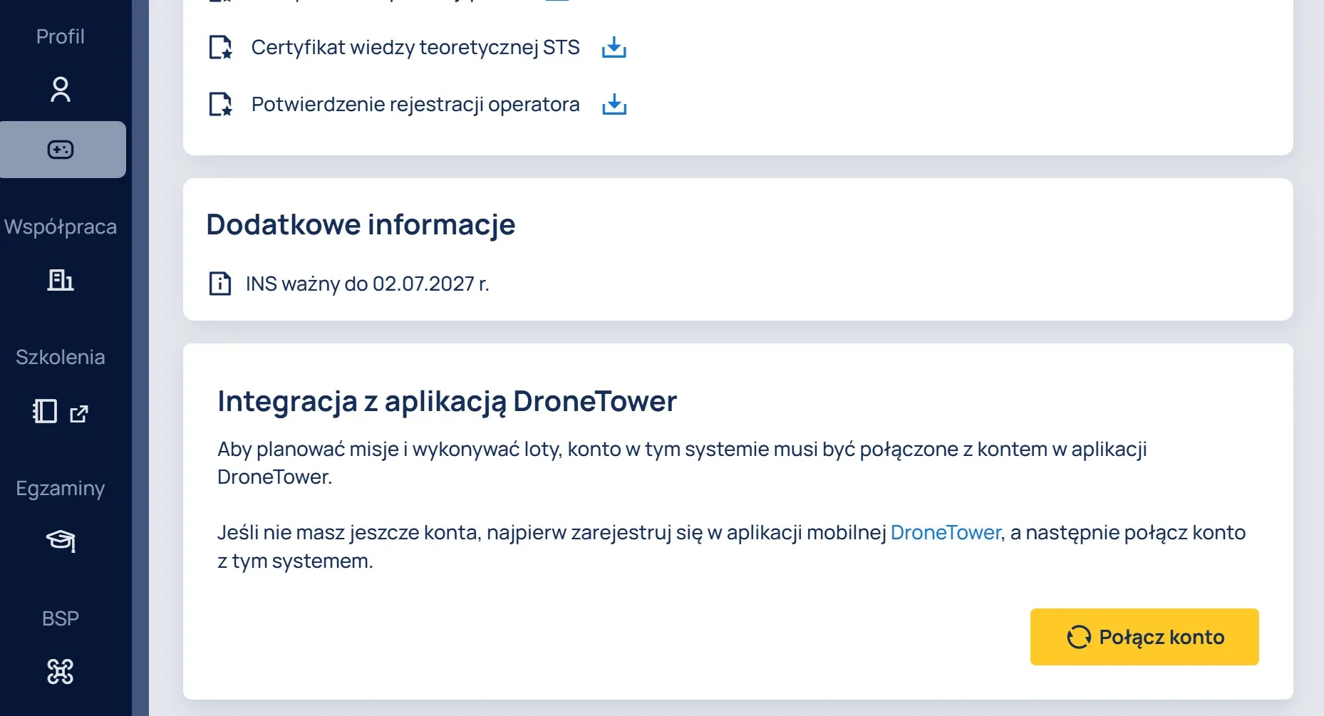 Sekcja Integracja z aplikacją DroneTower w profilu pilota w portalu KSID z przyciskiem Połącz konto